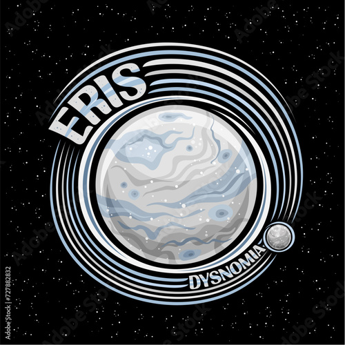 Vector logo for Dwarf Planet Eris, decorative cosmo print with moon Dysnomia rotating around grey stone planet, square space poster with unique letters for blue text eris on black starry background