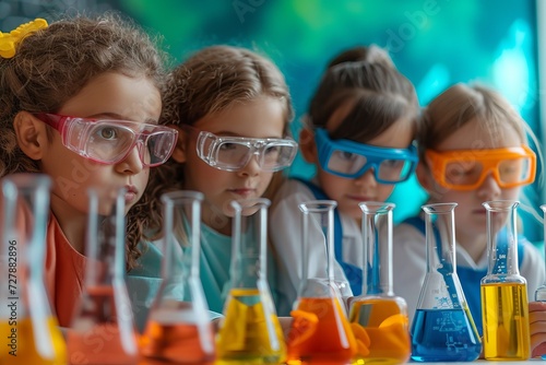 Young students wearing colorful safety goggles, deeply engaged in observing a science experiment with various colored liquids in flasks