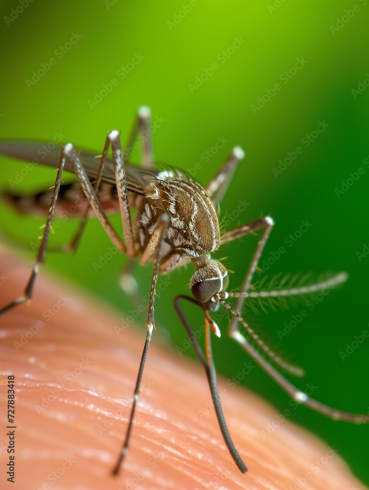 Fototapeta premium Macro shot of a mosquito biting a person's skin, gnat bite, insect sting close-up photograph, illustration of bug pest plague, vector of transmission of mosquito-borne illnesses, infected mosquitoe