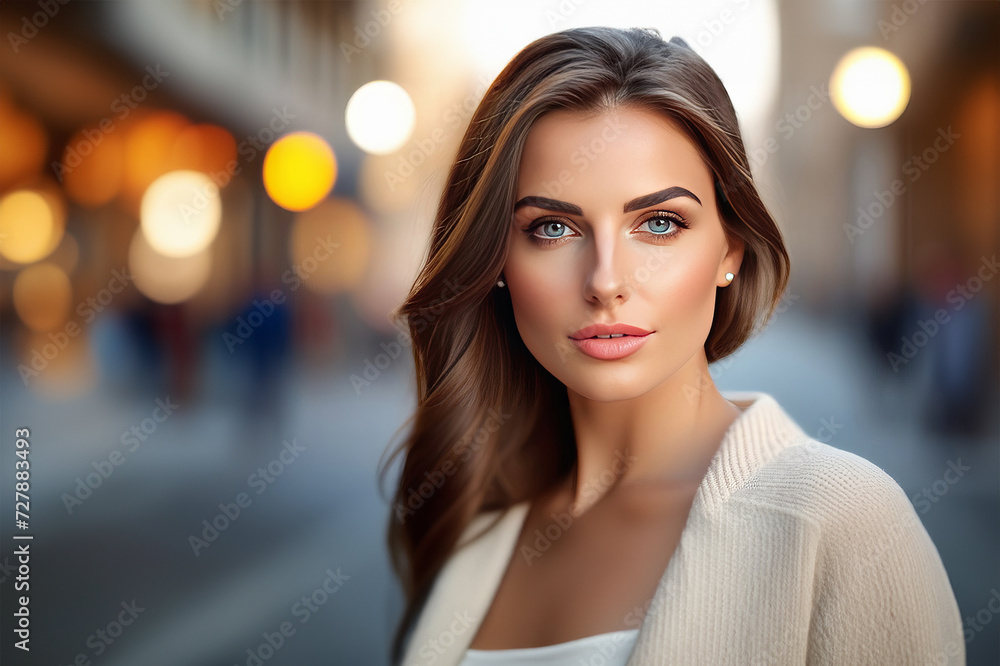 Beauty concept, head and shoulders portrait of beautiful model with nude make-up looking at camera. Brunette woman on blurred bokeh background. Selective focus. Cityscape. City lights Beauty concept, head and shoulders portrait of beautiful model with nude make-up looking at camera. Brunette woman on blurred bokeh background. Selective focus. Cityscape. City lights