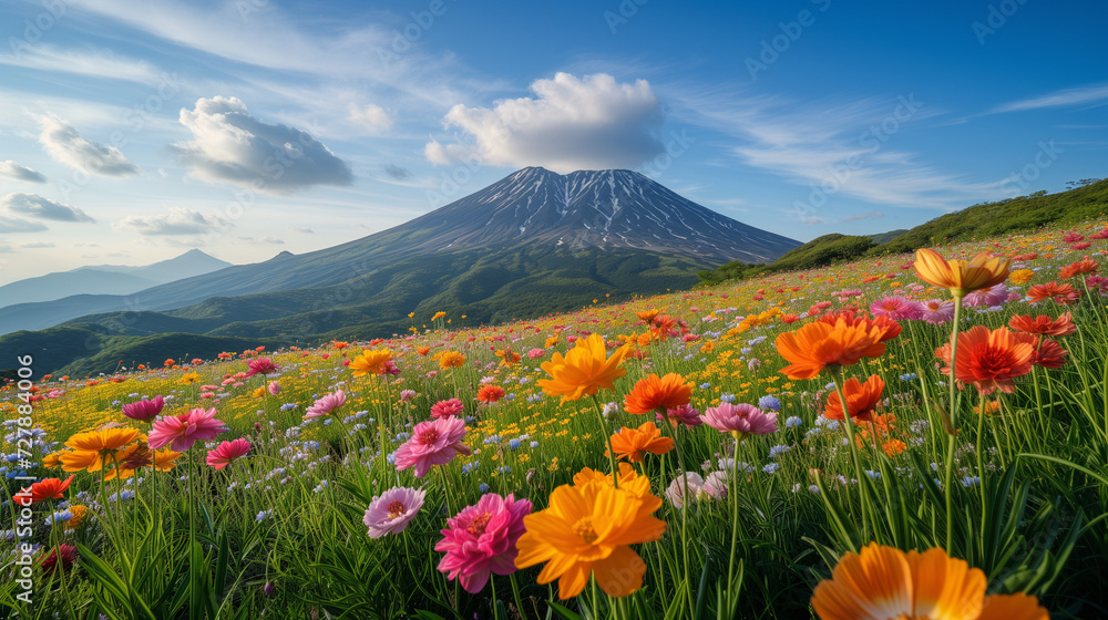 Magic colorful flowers on summer mountain, A lot of colorful poppy in the field, mountainous vistas, and a bright blue sky in the background. View of beautiful cosmos flower field in sunset time.