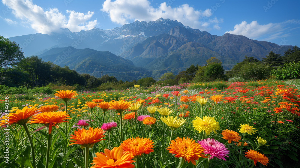 Magic colorful flowers on summer mountain, A lot of colorful poppy in the field, mountainous vistas, and a bright blue sky in the background. View of beautiful cosmos flower field in sunset time. Magic colorful flowers on summer mountain, A lot of colorful poppy in the field, mountainous vistas, and a bright blue sky in the background. View of beautiful cosmos flower field in sunset time.