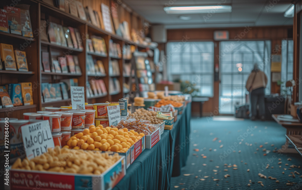 At a small community library, a quiet food drive takes place. A table by the entrance holds various non-perishable items, a librarian gently encourages donations,