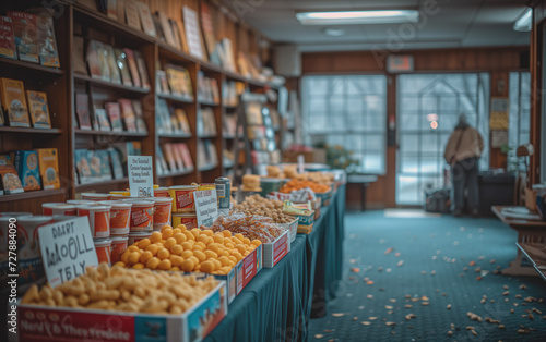 At a small community library, a quiet food drive takes place. A table by the entrance holds various non-perishable items, a librarian gently encourages donations,