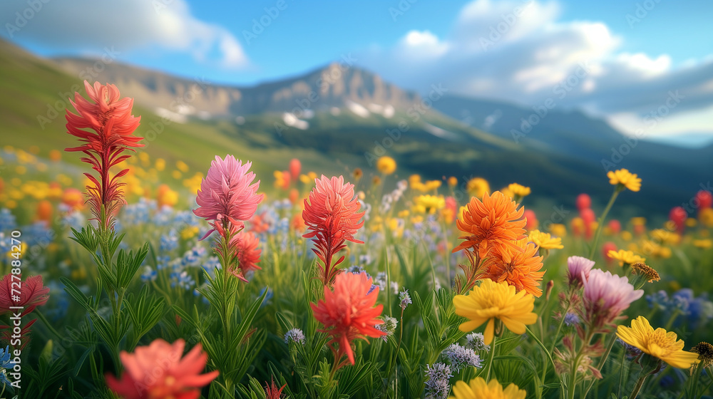 Magic colorful flowers on summer mountain, A lot of colorful poppy in the field, mountainous vistas, and a bright blue sky in the background. View of beautiful cosmos flower field in sunset time. Magic colorful flowers on summer mountain, A lot of colorful poppy in the field, mountainous vistas, and a bright blue sky in the background. View of beautiful cosmos flower field in sunset time.