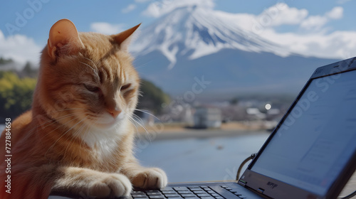 Cute ginger cat with a laptop on the background of Mount