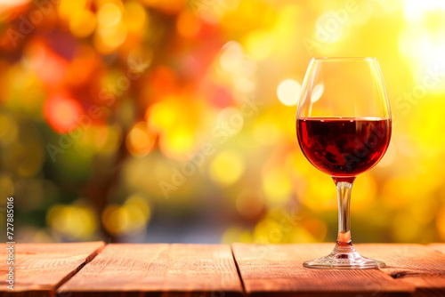 Glass of red wine on wooden table in a blurred background of orange and yellow colors, with copy space,