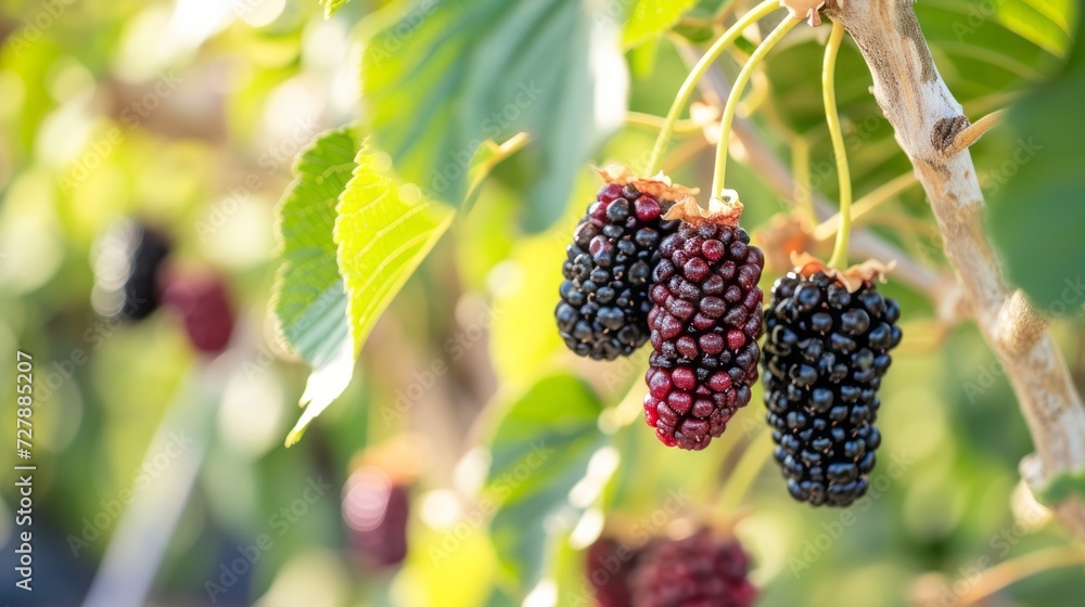 Sunlit black mulberry on a tree, agribusiness business concept, organic healthy food and non-GMO fruits with copyspace