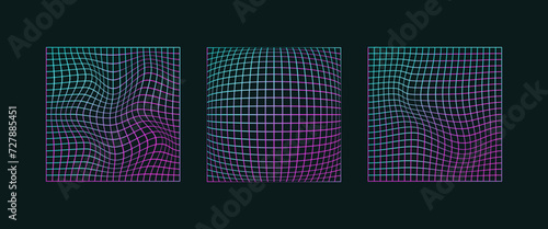 Distorted neon retro grids in 80s style set. Warped and curved wireframe futuristic patterns