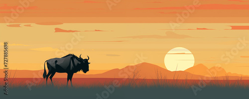 Wildebeest or gnu antelope on the savannah grassland at sunset, illustration generated by ai photo