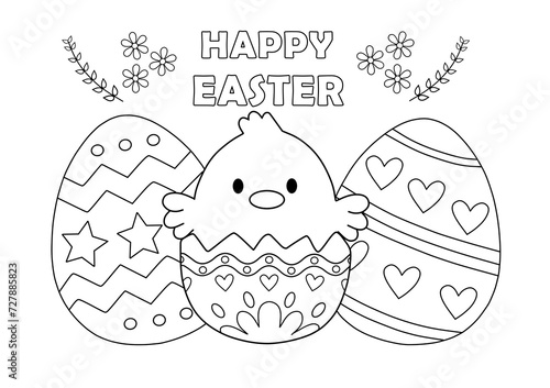 Easter chick and eggs coloring pages for kids. Painting for kindergarten and elementary school children . Children's coloring activity sheet. Cute Illustration to color. photo