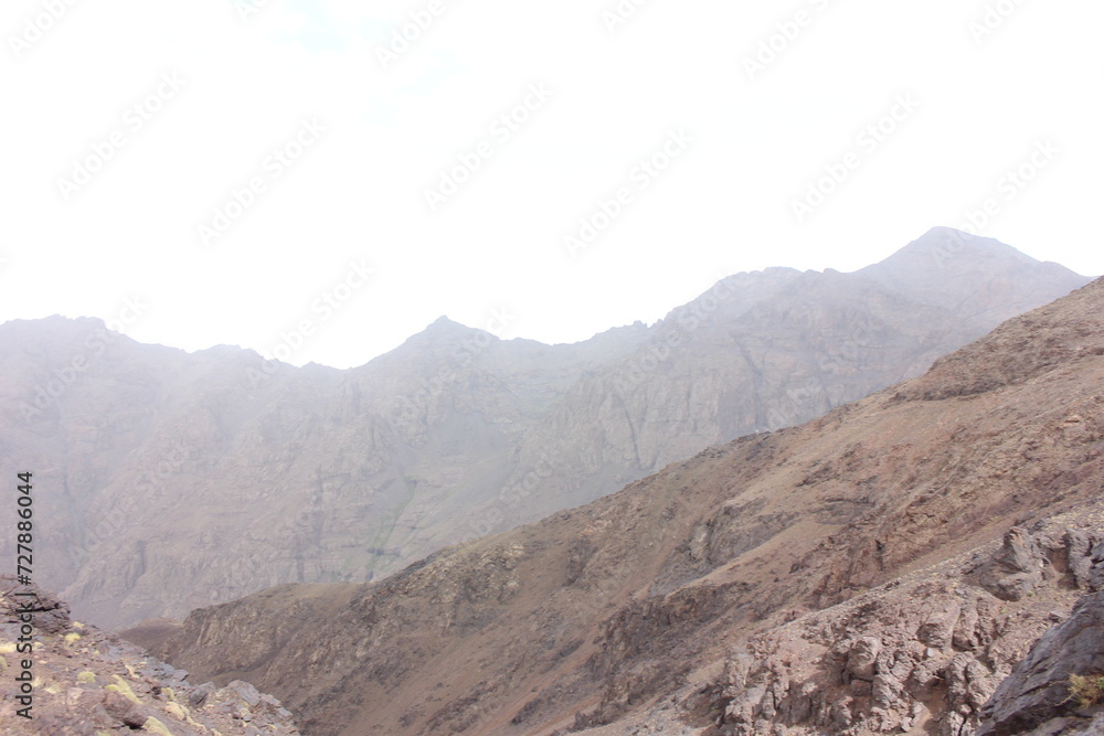 Toubkal national park, the peak whit 4,167m is the highest in the Atlas mountains and North Africa, trekking trail landscape panoramic view. Morocco