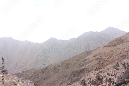 Toubkal national park, the peak whit 4,167m is the highest in the Atlas mountains and North Africa, trekking trail landscape panoramic view. Morocco