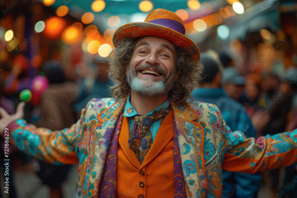 A cheerful street performer dressed in vivid attire, juggling and entertaining passersby with an infectious sense of joy. Concept of street art and positivity. Generative Ai.