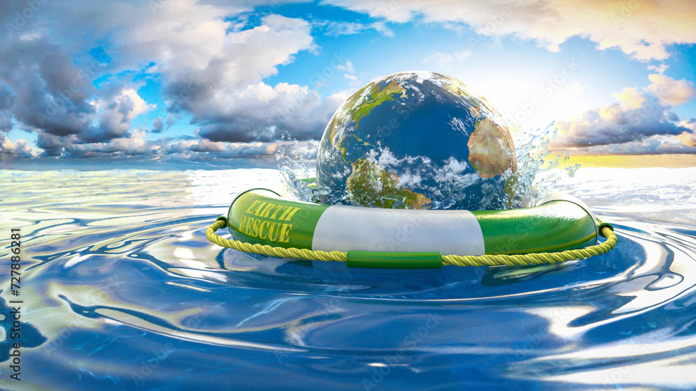 Rettungsring in grün mit Erde treibt auf dem Meer mit Wolkenhimmel und Sonnenschein im Hintergrund - Earth Rescue