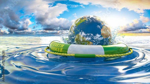 Obraz na płótnie Rettungsring in grün mit Erde treibt auf dem Meer mit Wolkenhimmel und Sonnenschein im Hintergrund - Earth Rescue w salonie