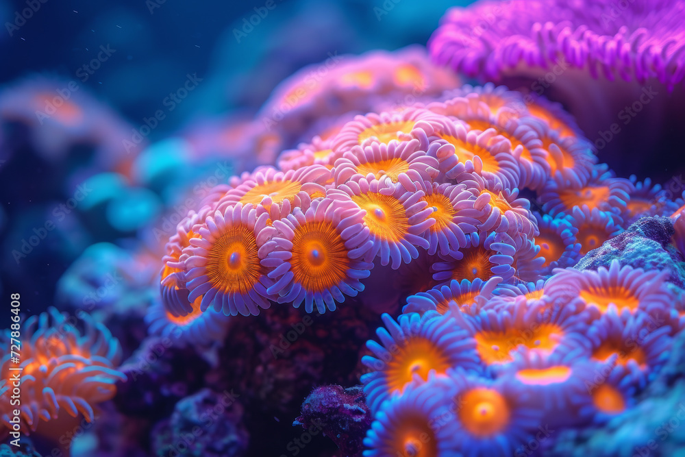 Obraz premium A close-up of a lively coral reef, showcasing the vivid colors of underwater life in a mesmerizing display of aquatic vibrancy. Concept of vibrant marine ecosystems. Generative Ai.