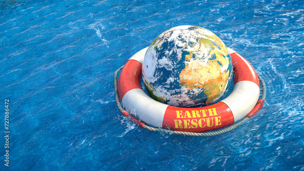 Erde mit Wolken und Hurrikan in einem roten Rettungsring treibt in welligem Meer - Earth Rescue