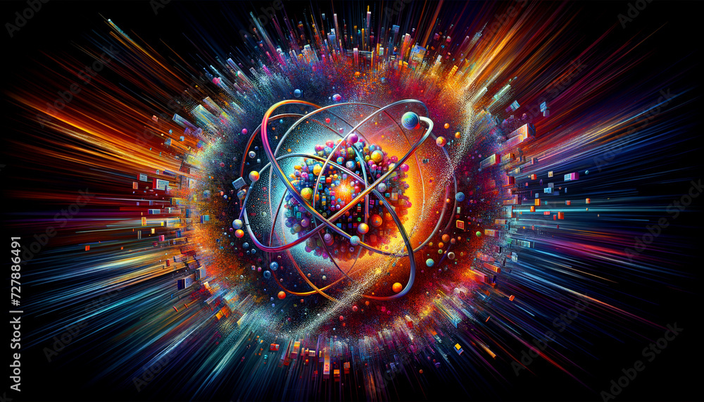 Fototapeta premium Dynamic Quantum State: Vibrant pixel disintegration symbolizing quantum physics.