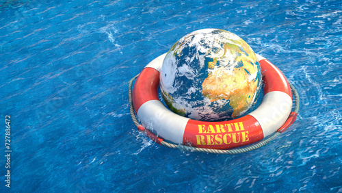 Obraz na płótnie Erde mit Wolken und Hurrikan in einem roten Rettungsring treibt in welligem Meer - Earth Rescue w salonie