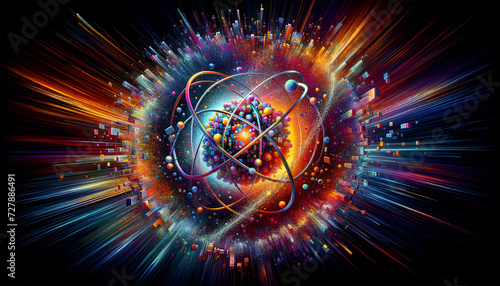 Dynamic Quantum State: Vibrant pixel disintegration symbolizing quantum physics.