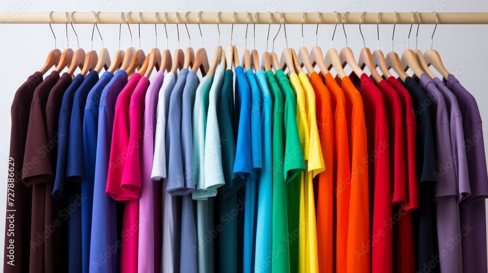 colorful of t-shirt with hangers in market, Fashion style. Neural network AI generated art