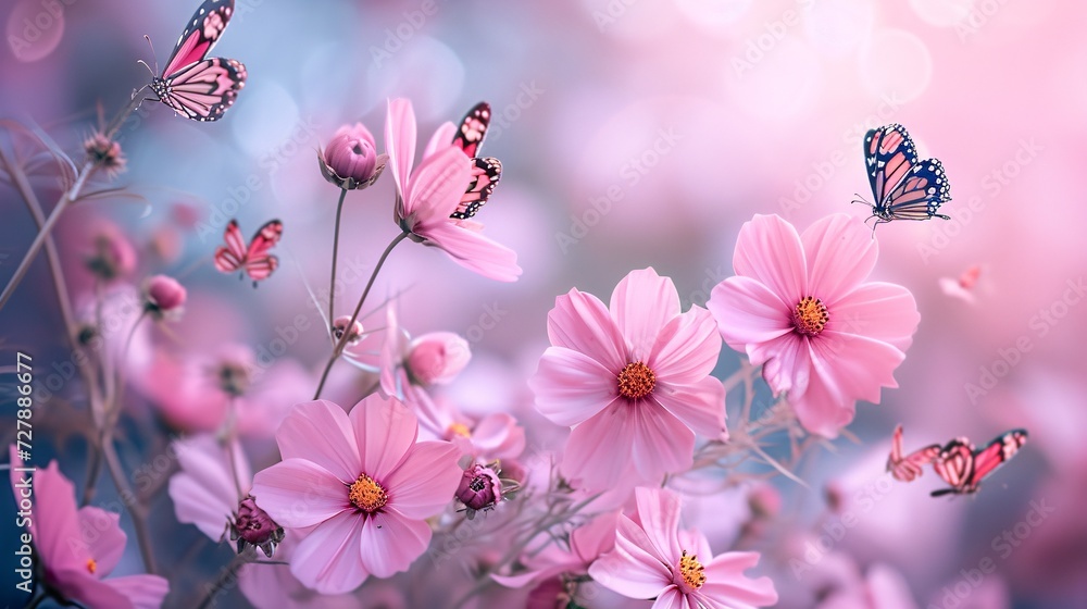 There is a butterfly flying over a bunch of flowers generative ai