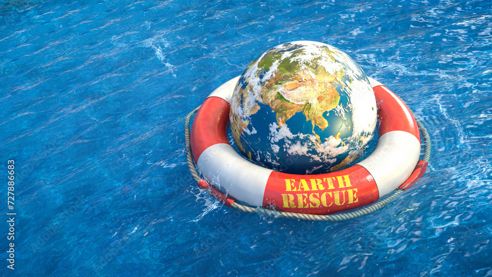 Erde mit Wolken und Hurrikan in einem roten Rettungsring treibt in welligem Meer - Earth Rescue