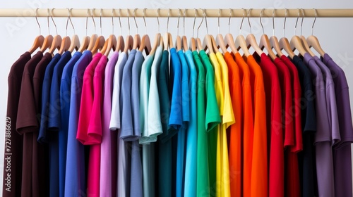 colorful of t-shirt with hangers in market, Fashion style. Neural network AI generated art