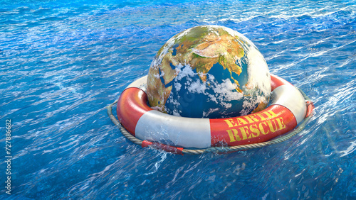 Obraz na płótnie Erde mit Wolken und Hurrikan in einem roten Rettungsring treibt in welligem Meer - Earth Rescue w salonie