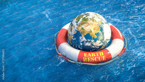 Obraz na płótnie Erde mit Wolken und Hurrikan in einem roten Rettungsring treibt in welligem Meer - Earth Rescue w salonie