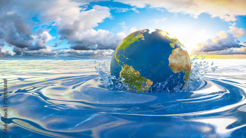 Erde fällt ins Meer mit Wolkenhimmel und Sonnenschein im Hintergrund - Earth Rescue