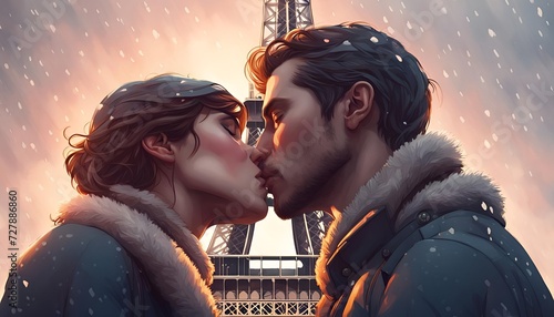 Two lovers kissing in front of the eiffel tower in winter, 
illustration for valentine's day photo