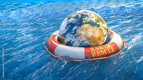 Obraz na płótnie Erde mit Wolken und Hurrikan in einem roten Rettungsring treibt in welligem Meer - Earth Rescue w salonie