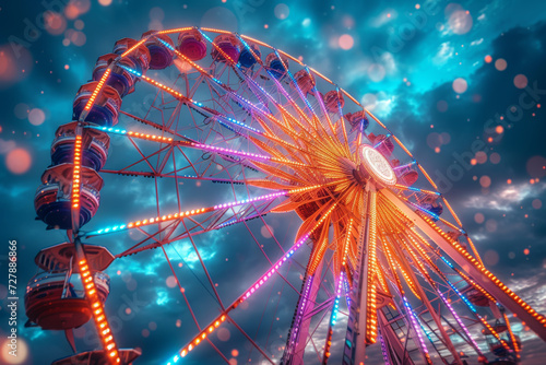 A vibrant summer carnival with a Ferris wheel illuminated in a spectrum of colors, symbolizing the thrill and excitement of festive moments. Concept of a colorful carnival experience. Generative Ai.