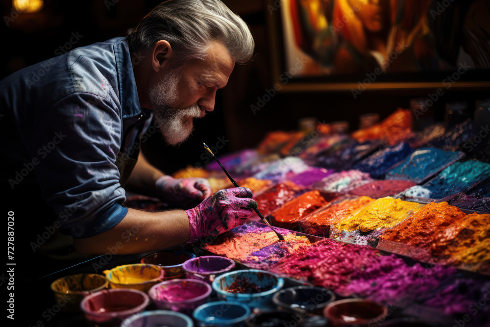 Fototapeta premium An artist carefully selects vibrant pigments for a new painting, the strokes of color on the canvas embodying the artist's personal journey and expressive vision. Generative Ai.