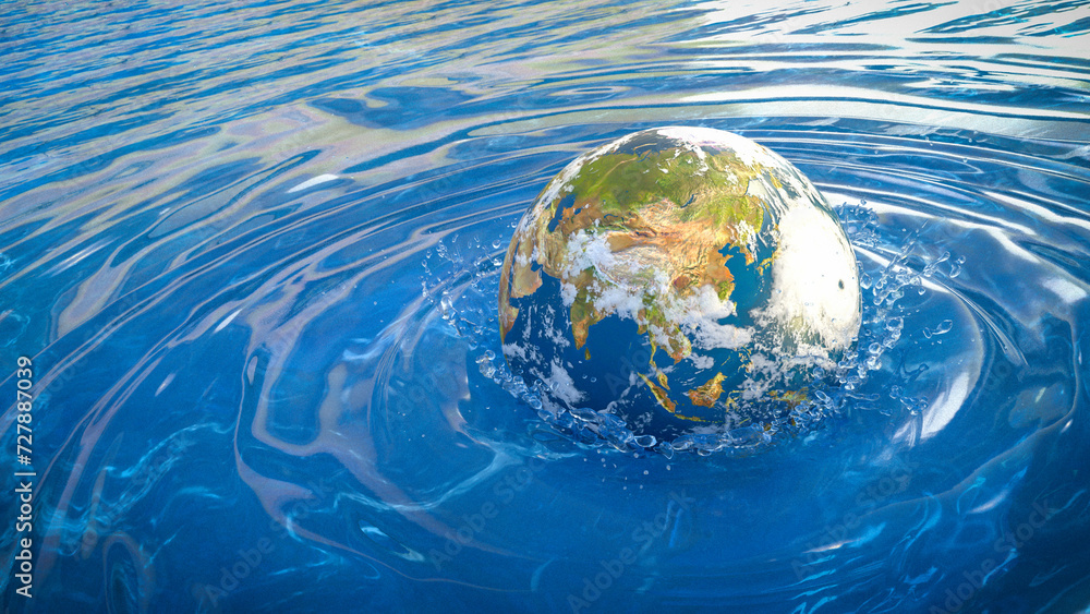 Erde mit Wolken und Hurrikan fällt ins Meer und Wasser sprizt hoch - Earth Rescue