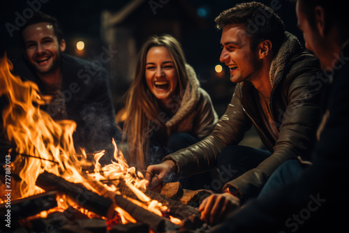 A group of friends sits around a bonfire, exchanging stories and laughter, creating a warm and inclusive atmosphere that celebrates the beauty of friendship. Generative Ai.