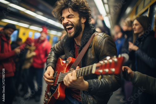 A musician plays an impromptu concert in a subway station, the surrounding crowd joining in, creating an impromptu symphony of shared musical joy.  Generative Ai. photo