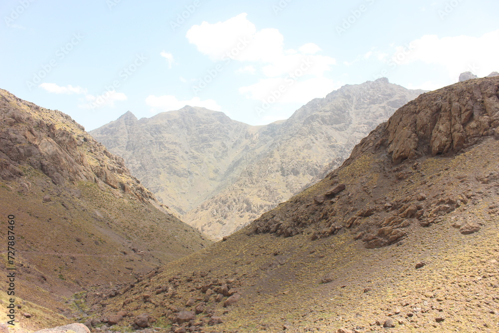 Panorama from trail to Toubkal, ridges and highest peaks of High Atlas mountain in Toubkal national park, Morocco 