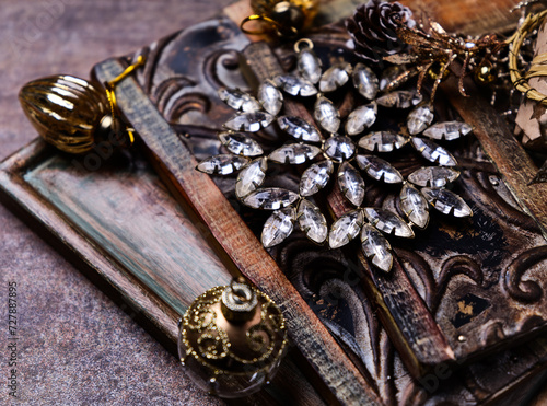 Christmas decoration on rustic stone background. Soft focus. Copy space. 