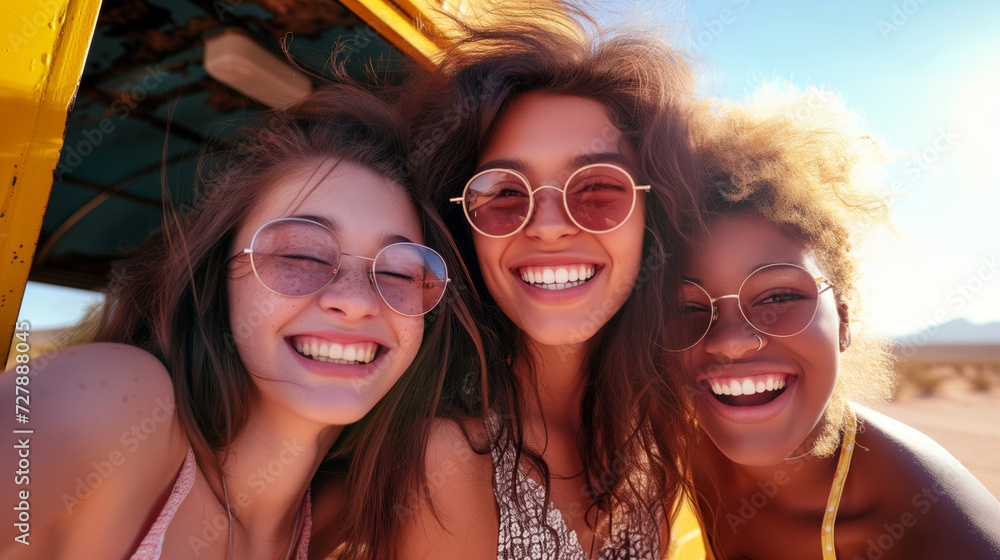 Three happy hipster young girls posing near yellow retro bus on sunny day somewhere in desert, fashionable girls having fun