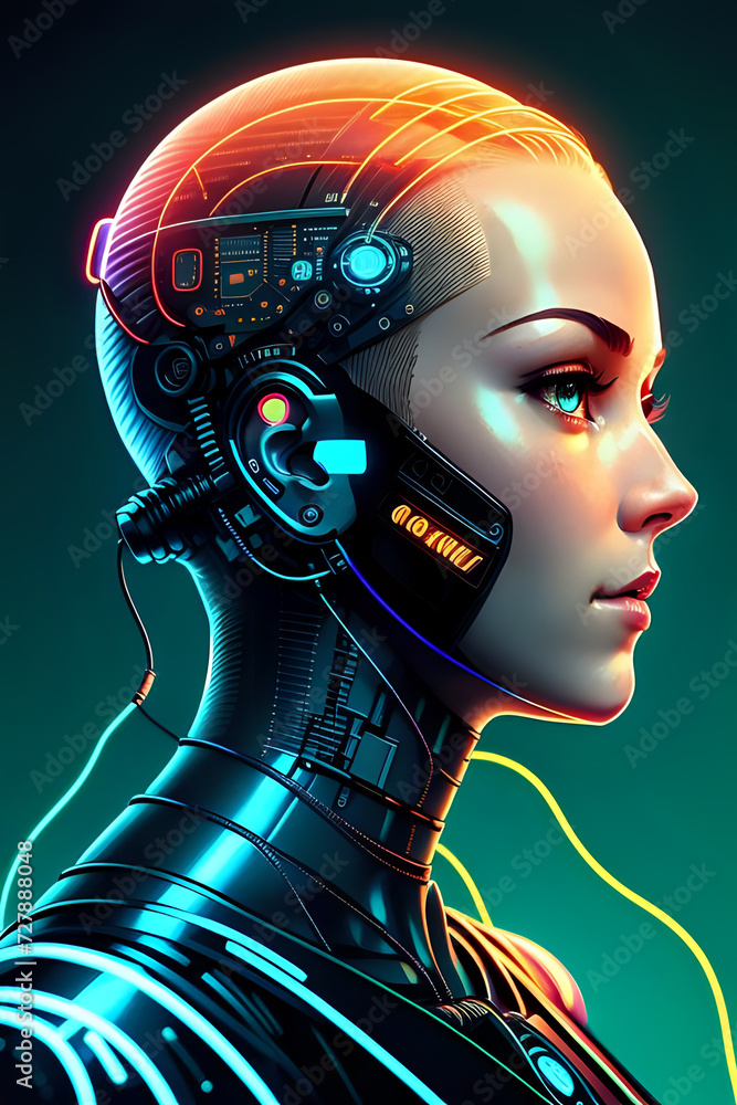 3D illustration of science fiction female humanoid cyborg lost in futuristic neon lit cyberpunk city 3D illustration of science fiction female humanoid cyborg lost in futuristic neon lit cyberpunk city