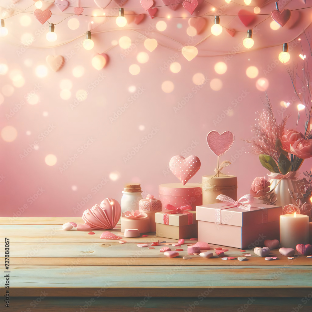 Love in Lights: Pastel Table with Hearts for Valentine's Day. Love in Lights: Pastel Table with Hearts for Valentine's Day.