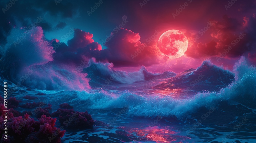 Turquoise waves colliding with coral reefs under a neon moon.  - obrazy, fototapety, plakaty 
