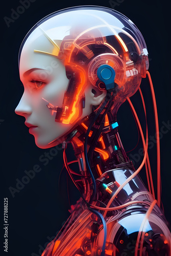 3D illustration of science fiction female humanoid cyborg lost in futuristic neon lit cyberpunk city