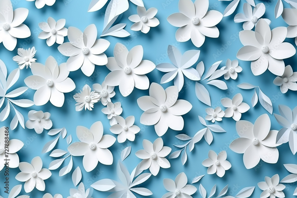 Fototapeta premium Paper cut flowers and leaves, Fresh spring nature background. Floral banner, poster, flyer template with copy space.