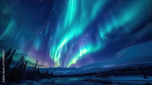 Night sky dances with celestial wonder as the Aurora Borealis, or Northern Lights, paint ethereal ribbons of color across the heavens. 