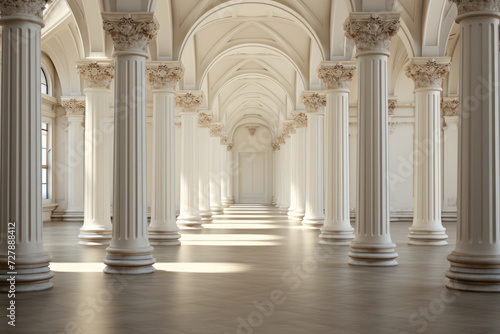 A symmetrical arrangement of architectural columns illustrates the concept of order in classical design and construction. Generative Ai. © Sebastian