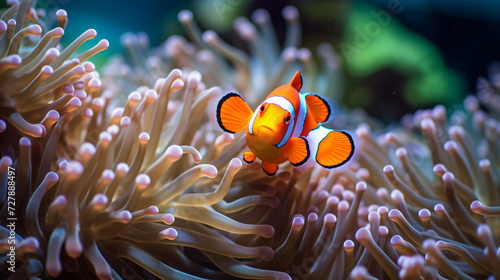  Close up of clownfish hiding in sea anemone